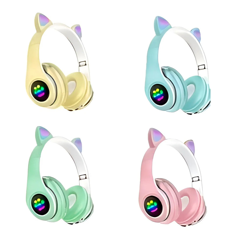 Fone Headset Bluetooth Colorido Com LED Sem Fio Gatinho