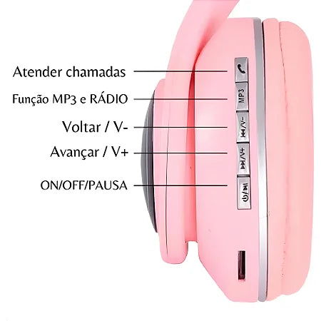 Fone Headset Bluetooth Colorido Com LED Sem Fio Gatinho