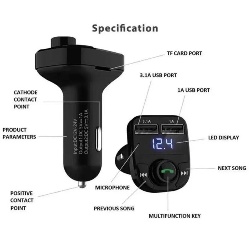 Carregador de Carro Transmissor FM Bluetooth Rádio Mp3